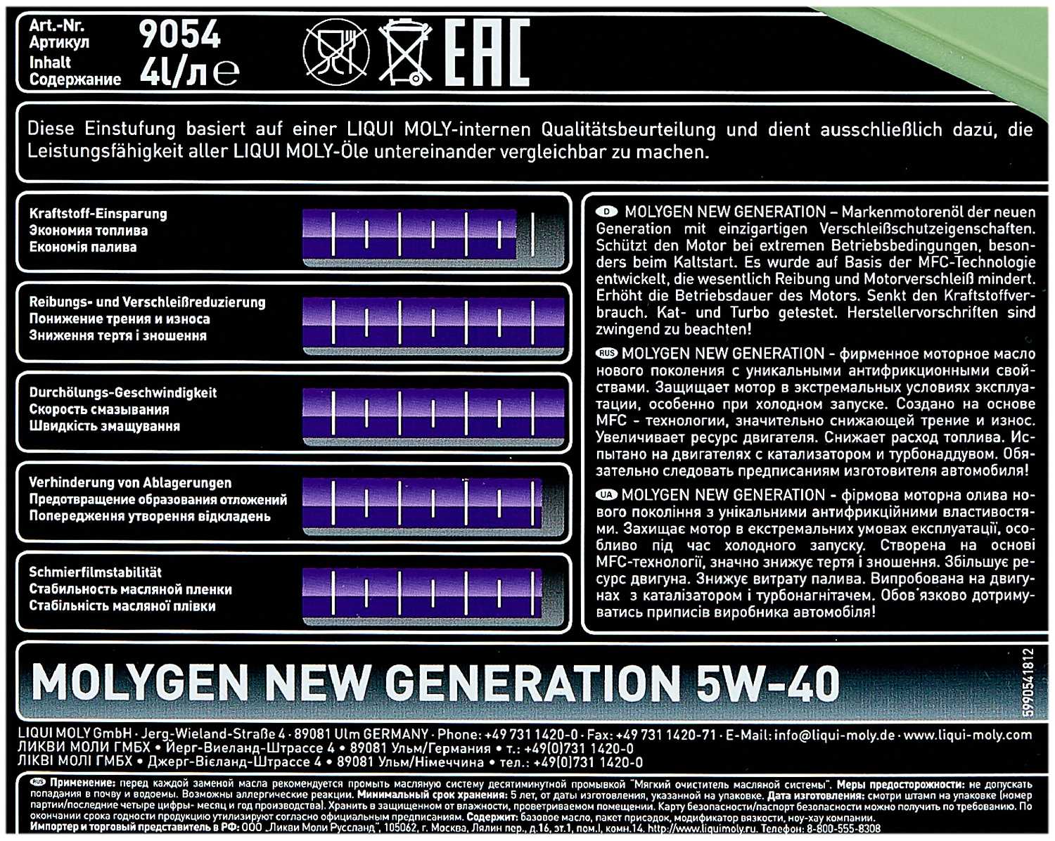 Синтетическое моторное масло LIQUI MOLY Molygen New Generation 5W-40 фотография 5