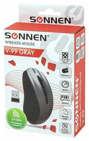 Мышь беспроводная SONNEN V99, USB, 1000/1200/1600 dpi, 4 кнопки, оптическая, серая, 513528 фотография 11