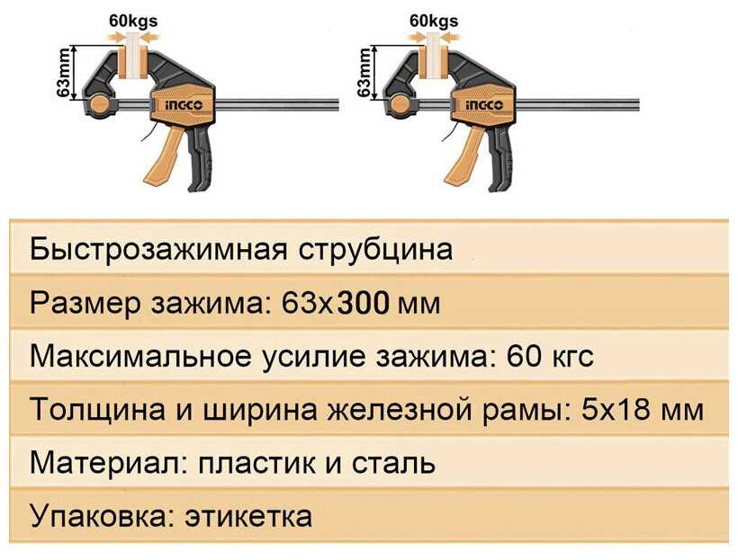 Зажимы тиски 2 шт INGCO струбцина 63х300 HQBC01602 комплект для столярных работ регулируемые фотография 4