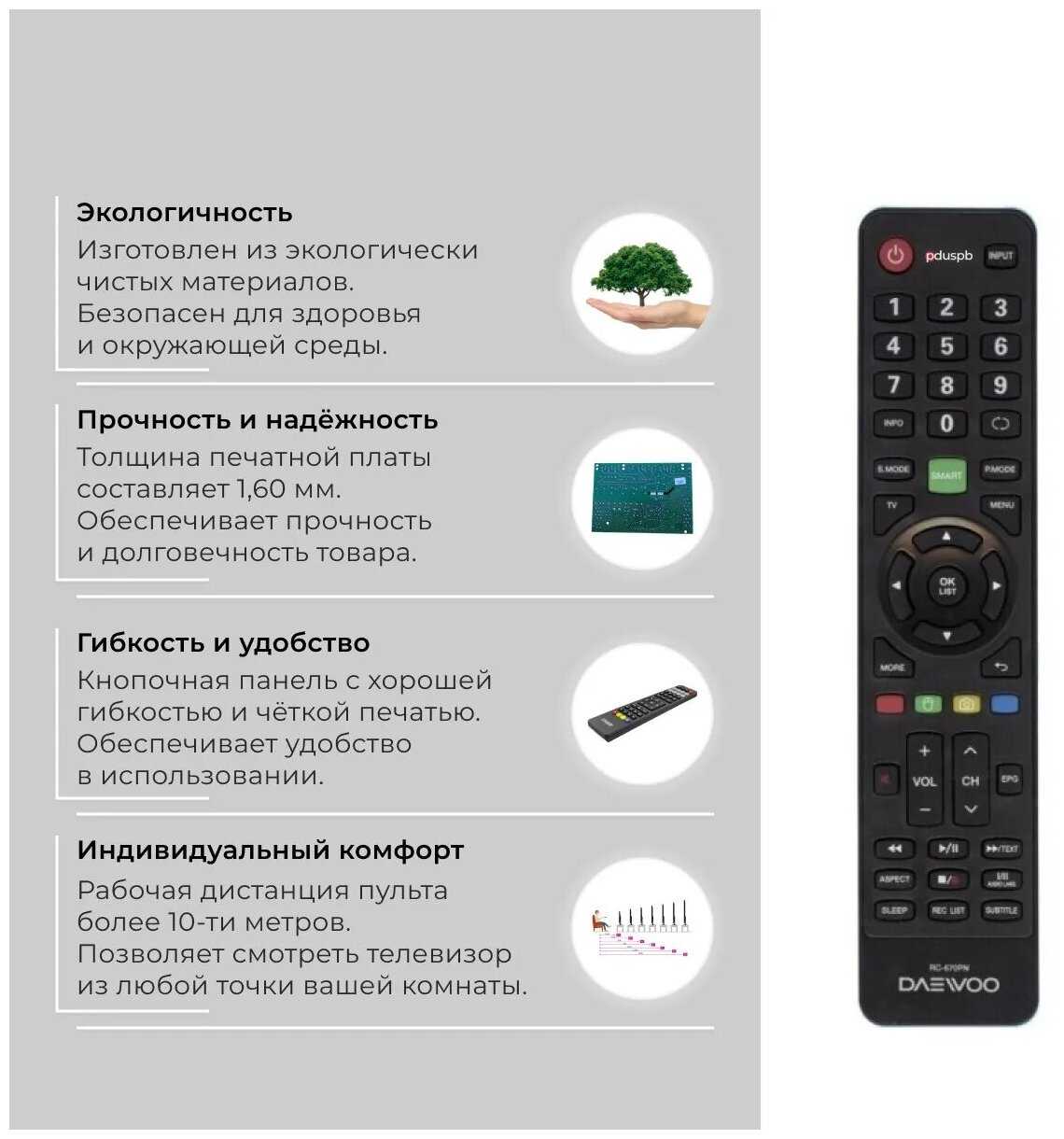 Пульт PDUSPB Daewoo RC-670PT (RC-670PN) для телевизоров SMART TV фотография 1