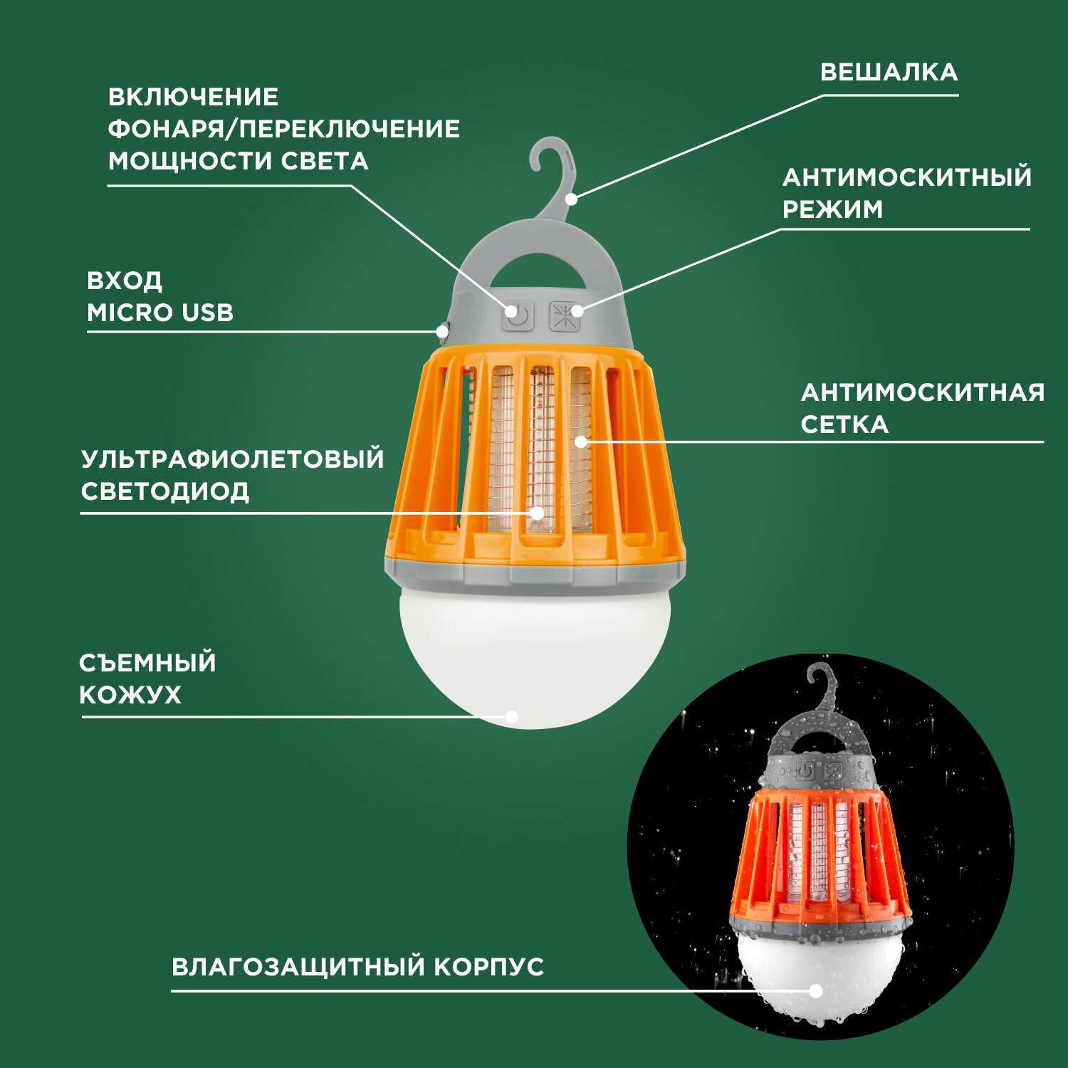 Антимоскитный кемпинговый USB фонарь (лампа от комаров) фотография 4