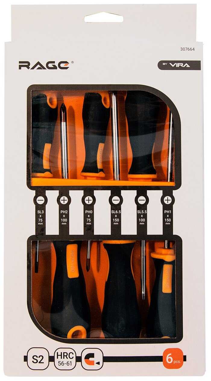 Набор отверток с магнитным наконечником из легированной стали S2 6 шт RAGE by VIRA