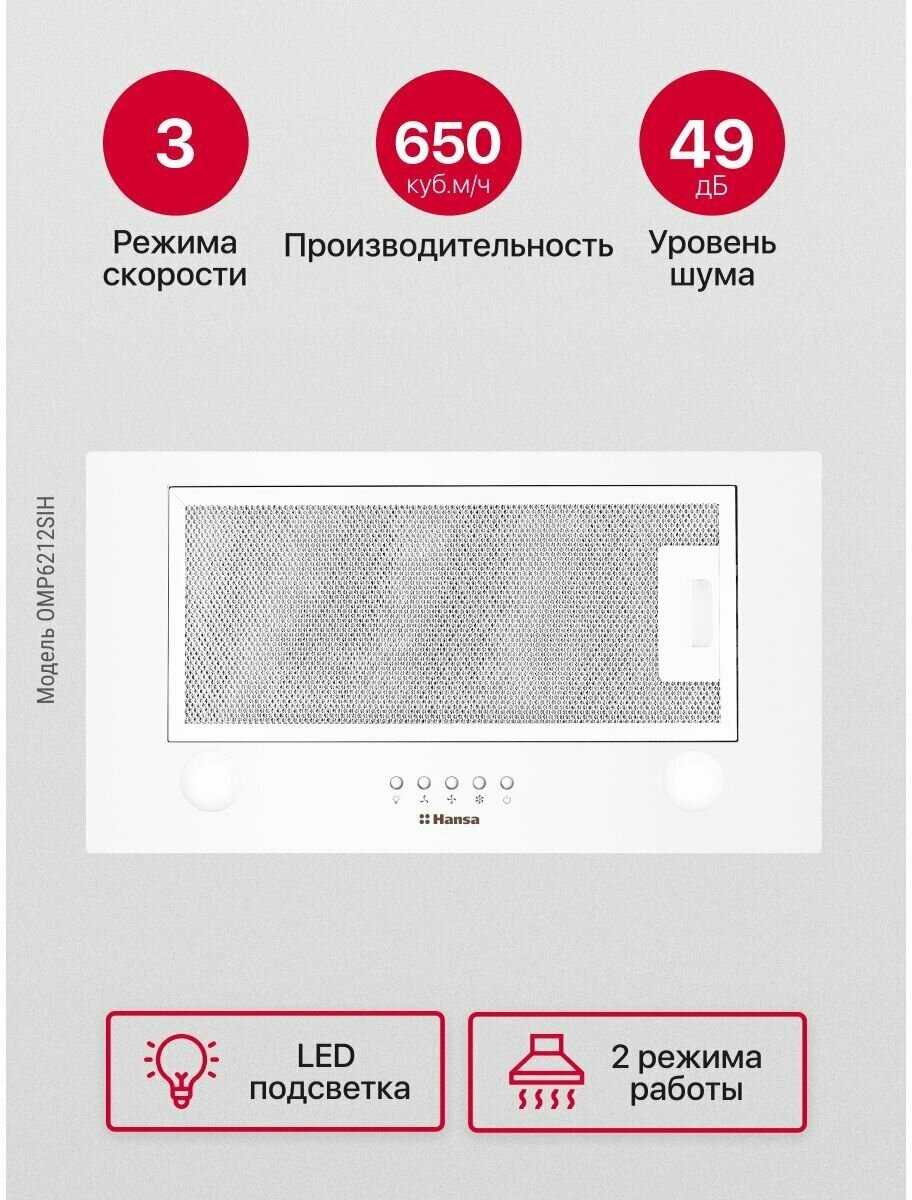 Встраиваемая вытяжка Hansa OMP6212SIH, мощность турбины 650 куб. м/ч, отвод/циркуляция, 3 скорости вентилятора фотография 1