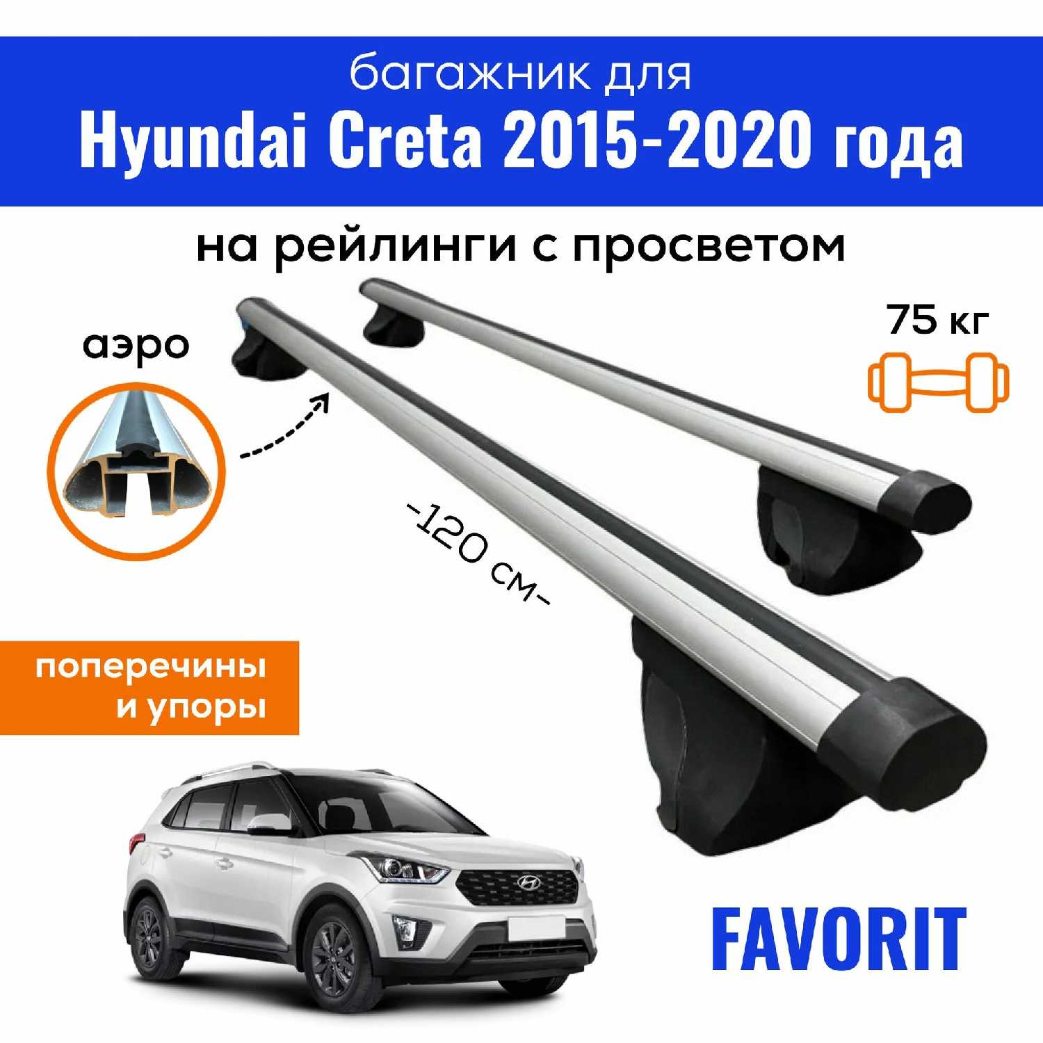 Багажник для Hyundai Creta (Хендай Крета) 2015-2020, Favorit-120 крыло Black, на рейлинги с просветом, (поперечины и упоры) фотография 31