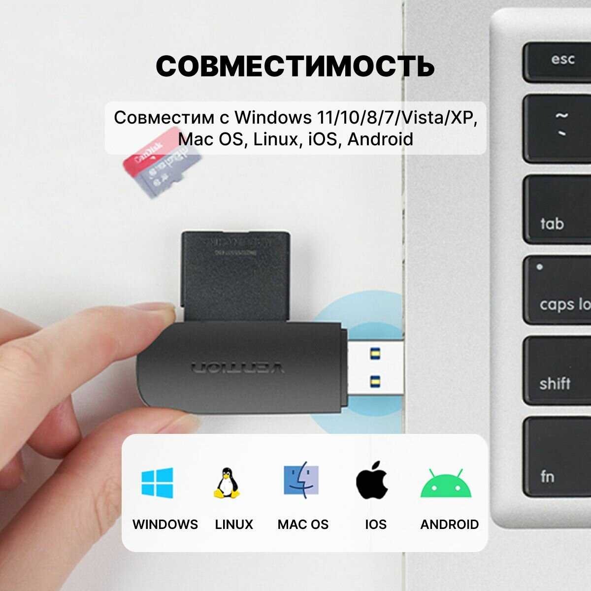 Кардридер Vention Кардридер на 2 порта (SD+TF) (CLGB0) фотография 8