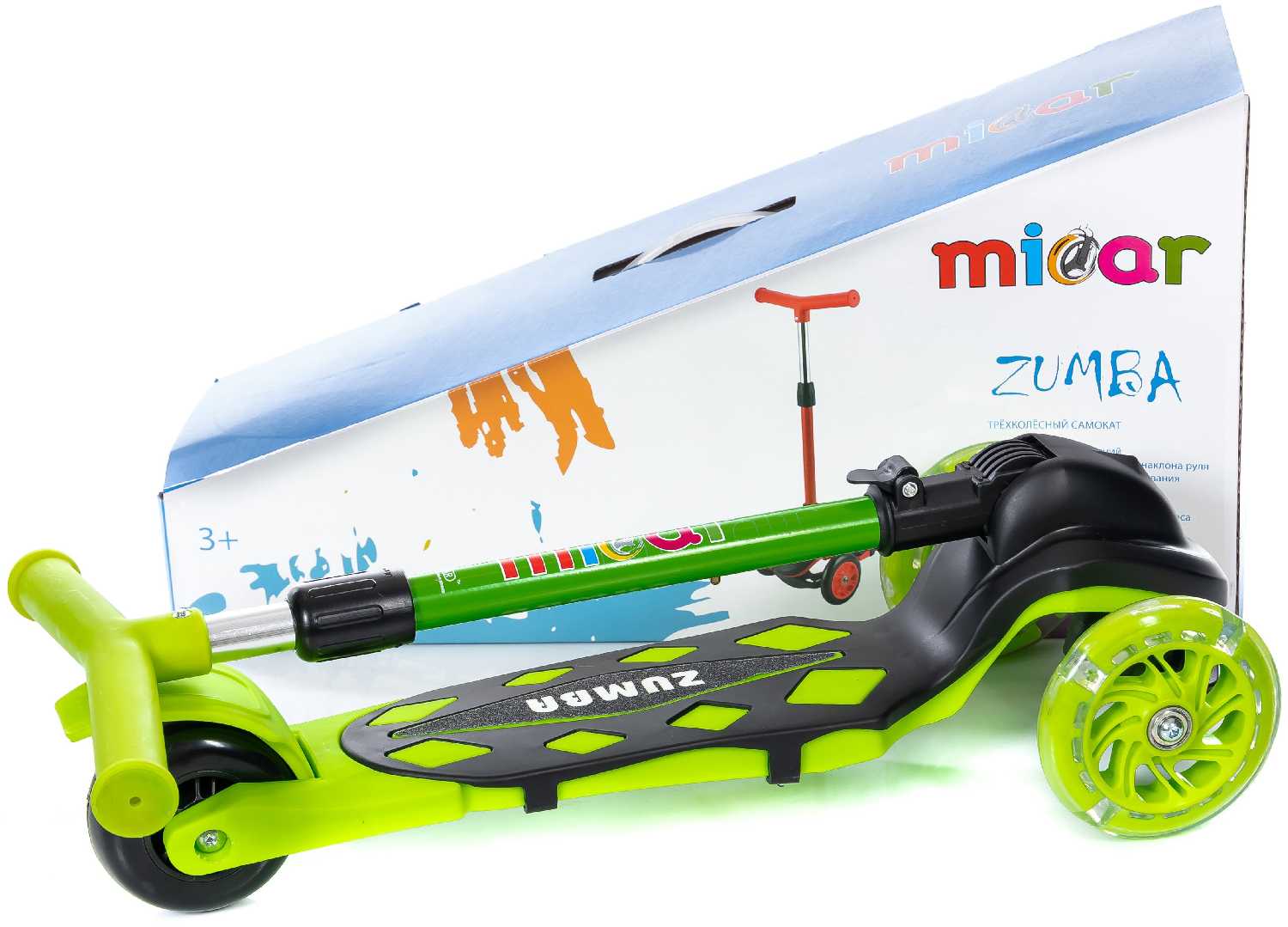 Детский трёхколёсный самокат Scooter Micar Zumba Mini New складной со светящимися колёсами фотография 13