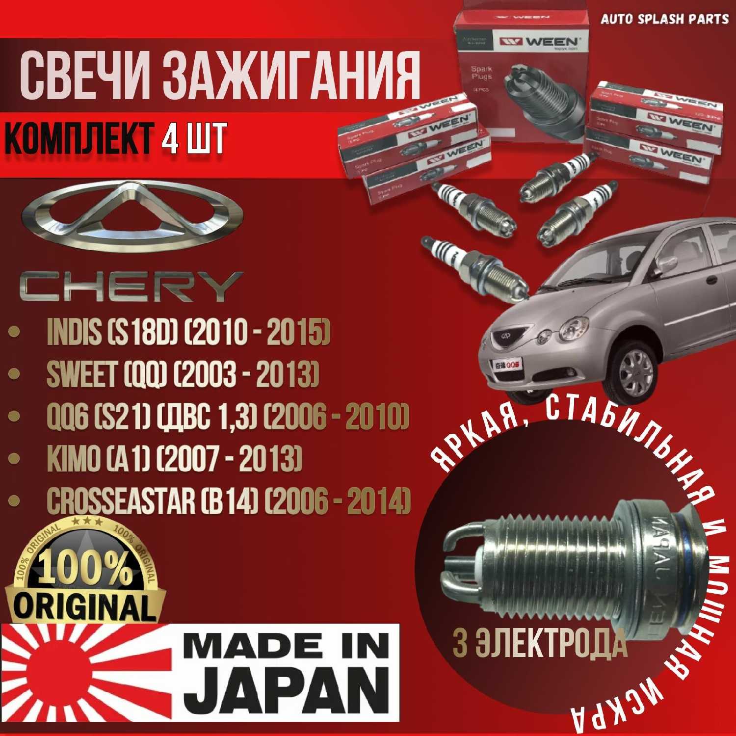 Комплект свечей зажигания Chery Indis S18D, Sweet QQ, Chery QQ6, Kimo A1, CrossEastar B14 (WEEN)