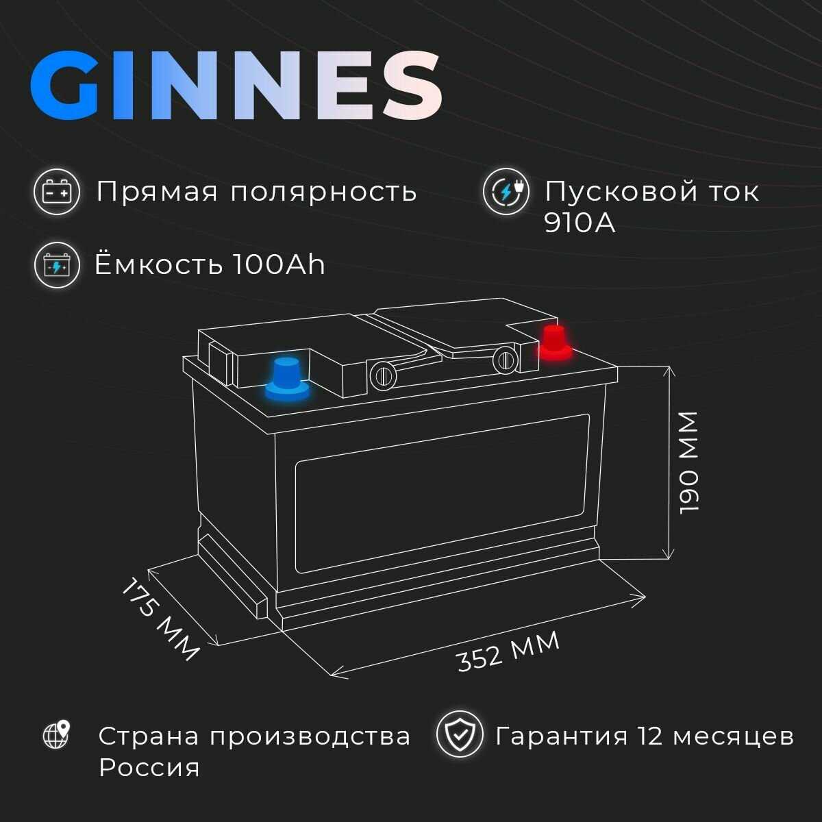 Аккумулятор автомобильный GINNES 6СТ-100.1 (353/175/190) фотография 1