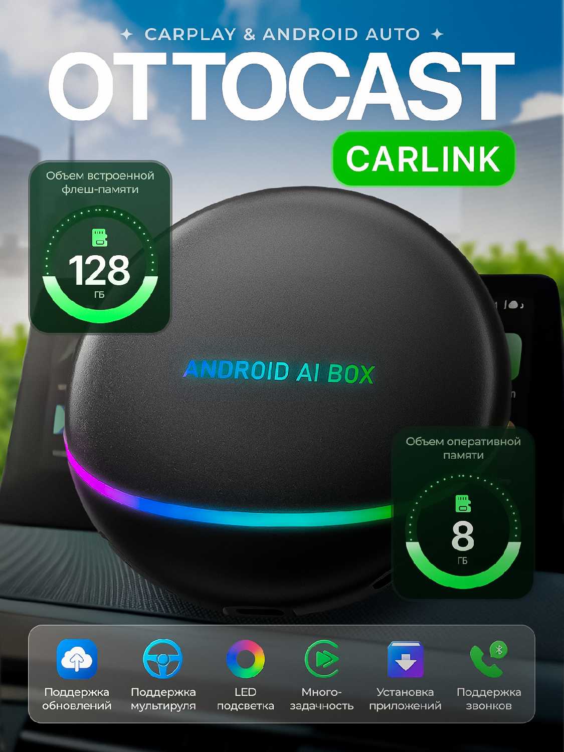 Беспроводной CarPlay TBox Ambient, Ai Box Rus Android 13 (Отправка и гарантия в России) - Память 6+128Gb - Процессор 8-ядерный Qualcomm - 4G (Sim)