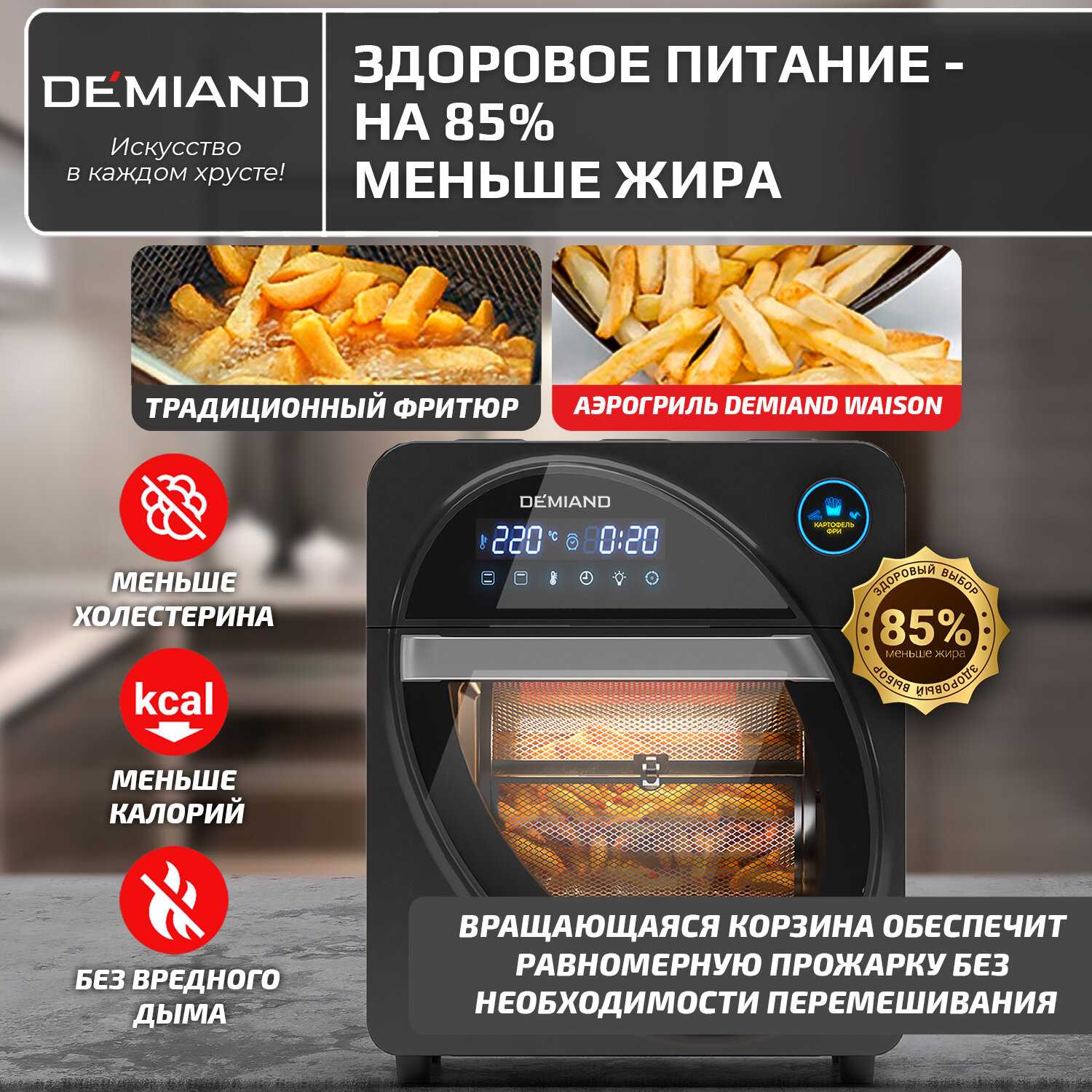 Аэрогриль DEMIAND с функциями фритюрницы, гриля, духовки, тостера, мини-печи (съемная решетка, корзина, 8 программ, 4,5л, 1400Вт) фотография 18