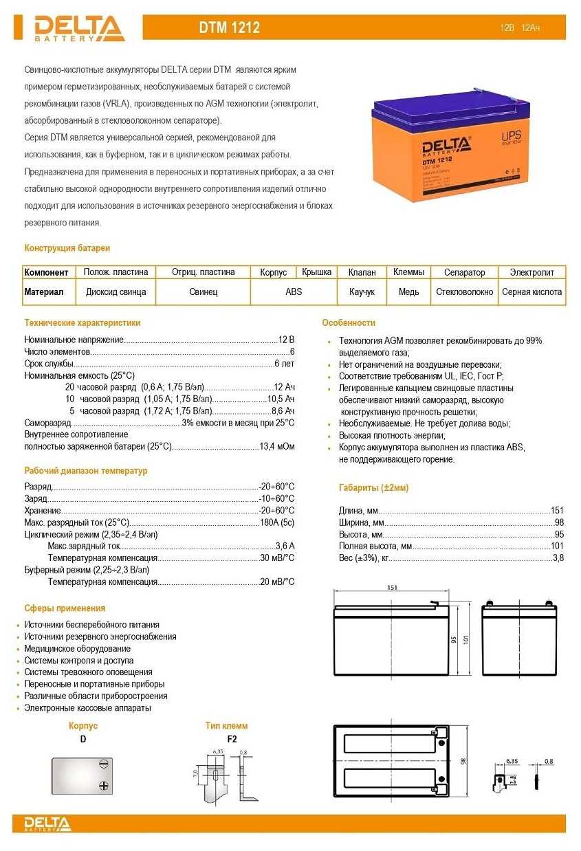 Аккумуляторная батарея DELTA Battery DTM 1212 12В фотография 9