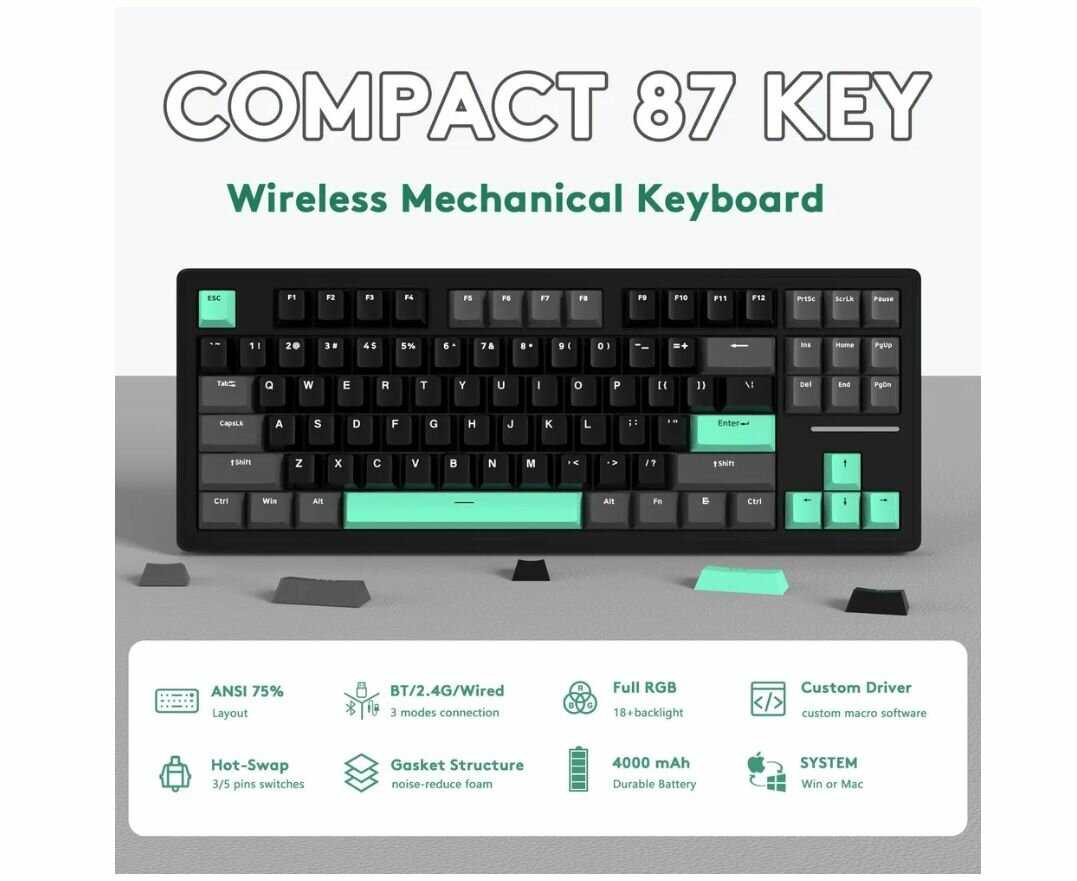 Игровая клавиатура ATTACK SHARK M87 беспроводная механическая TKL 80% Gasket Mount с линейным переключателем фотография 1