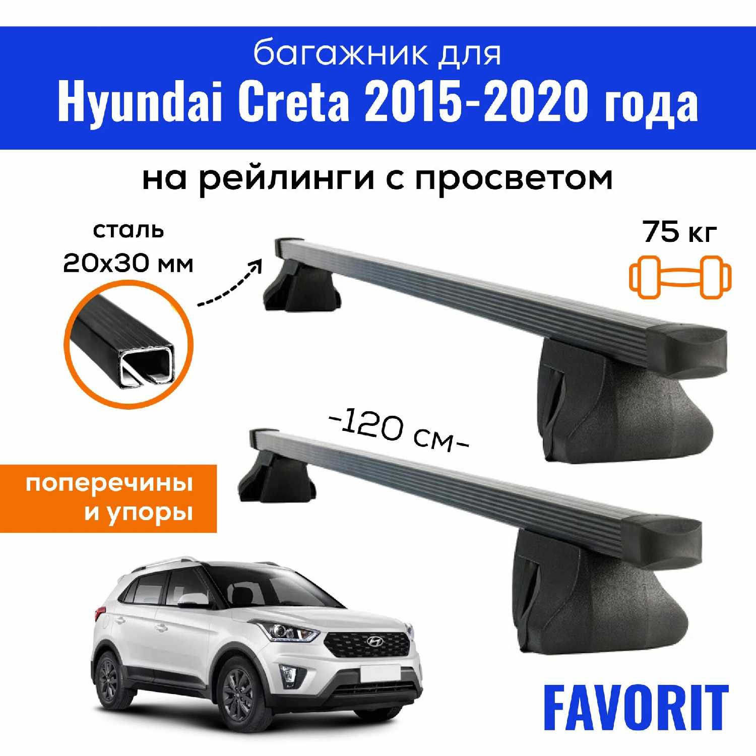 Багажник для Hyundai Creta (Хендай Крета) 2015-2020, Favorit-120 крыло Black, на рейлинги с просветом, (поперечины и упоры) фотография 28