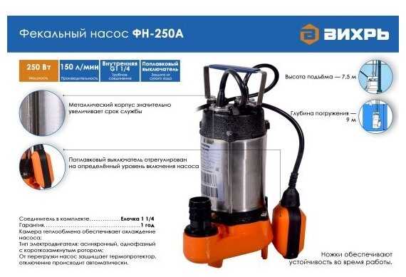 Фекальный насос ВИХРЬ ФН-250А (250 Вт) фотография 18