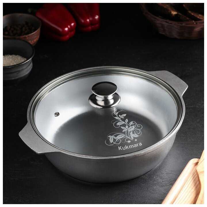 KUKMARA Жаровня, 3 л, d=26 см, стеклянная крышка, цвет хромированный