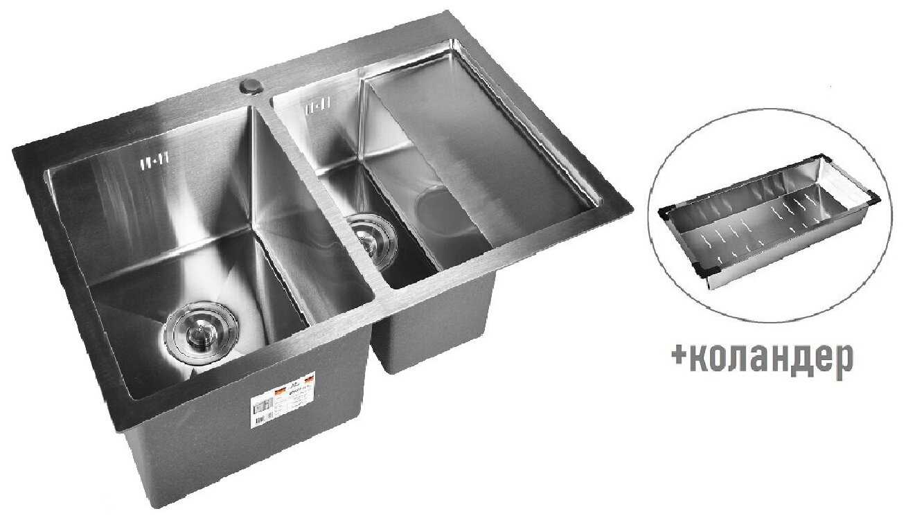 Комплект кухонная мойка из нержавеющей стали WISENT 7851-SL (78х51см) с металлическим коландером.