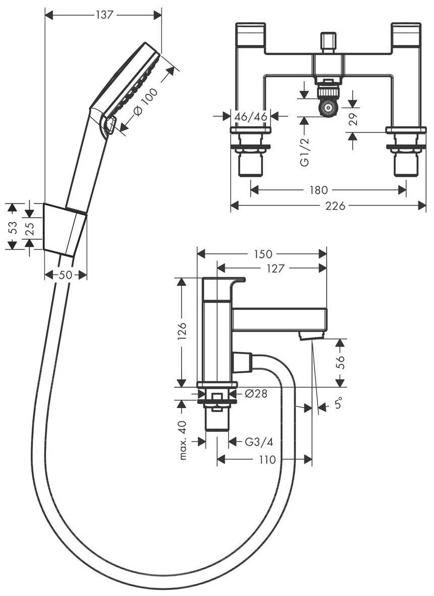 Смеситель на борт ванны с гарнитуром, Hansgrohe Vernis Shape 71462000 фотография 1