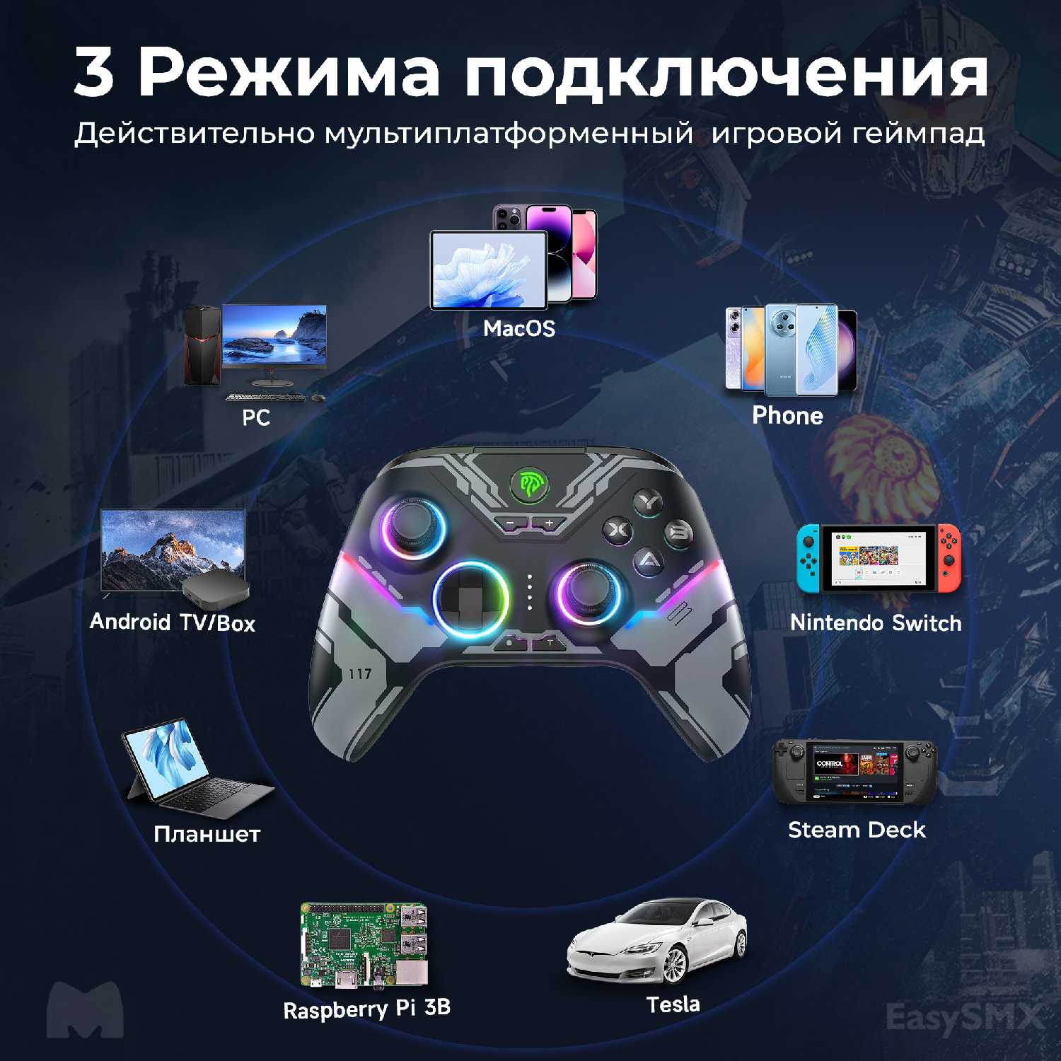 Беспроводной геймпад EasySMX X15 с RGB подсветкой / датчики Холла на триггерах/стиках (VG-C448) фотография 2
