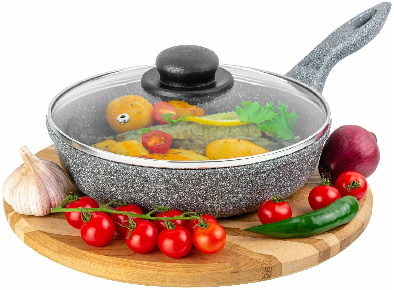 Сковорода глубокая 22 см Elan Gallery гармония вкуса Серый мрамор с крышкой D22, с несъёмной ручкой