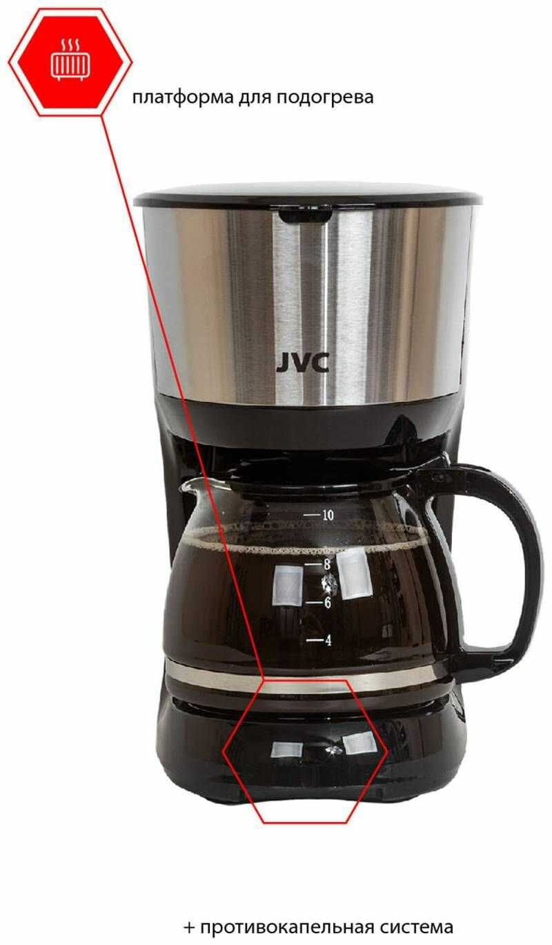 Кофеварка капельная JVC со стеклянным кофейником 1,25 л и многоразовым фильтром, подогрев кофе, система Антикапля, 750 Вт фотография 21