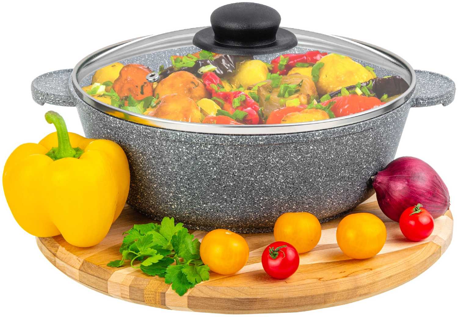 Жаровня-сотейник 3 л 24 см Elan Gallery гармония вкуса Серый мрамор с крышкой D24
