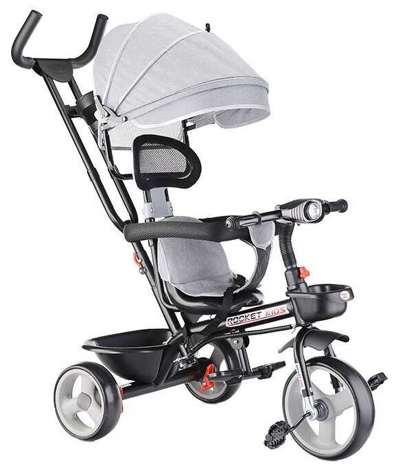 Велосипед детский трёхколесный, с родительской ручкой и козырьком ROCKET 0999-3 3-х колесный, серый