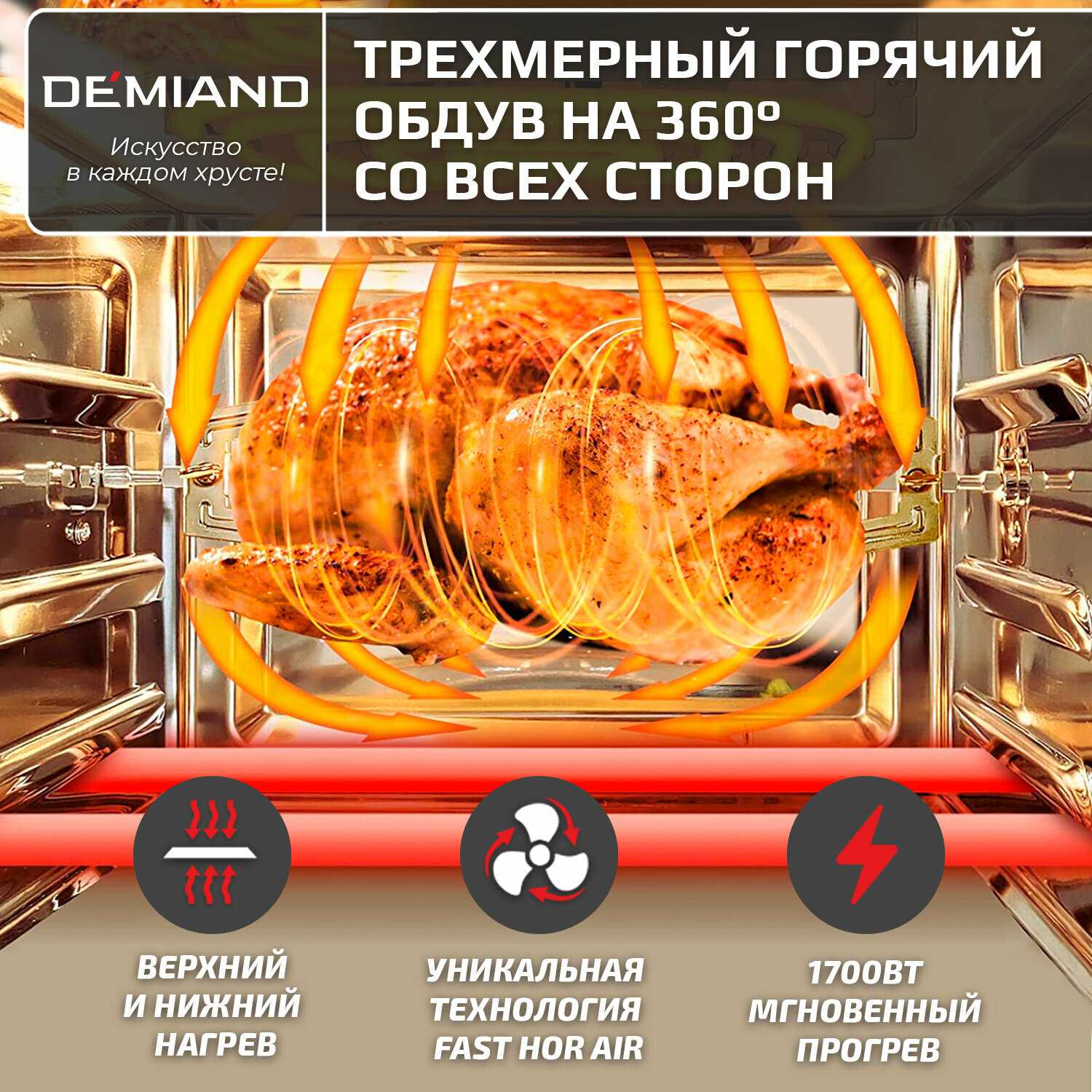Аэрогриль DEMIAND с функциями фритюрницы, гриля, духовки, тостера, мини-печи (съемная решетка, корзина, 8 программ, 4,5л, 1400Вт) фотография 13