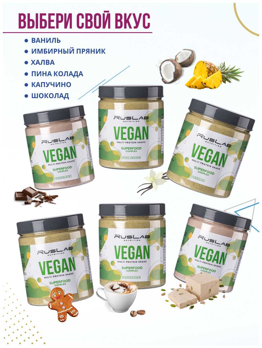 MULTI VEGAN PROTEIN SHAKE-белковый коктейль для веганов, вегетарианцев (416 гр), вкус халва фотография 6