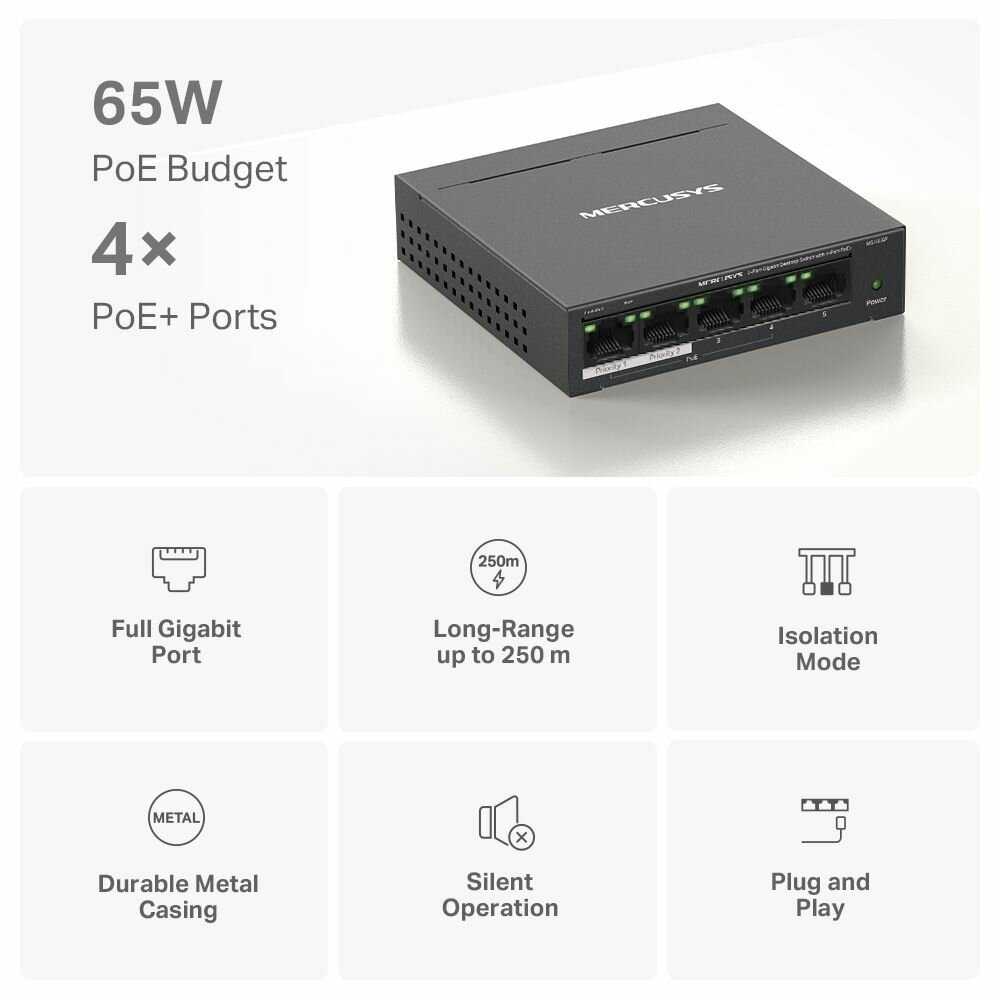 Настольный коммутатор Mercusys MS105GP [5 гигабитных портов, 4 PoE+] фотография 8