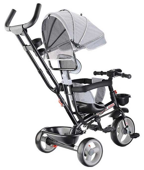Велосипед детский трёхколесный, с родительской ручкой и козырьком ROCKET 0999-3 3-х колесный, серый фотография 1