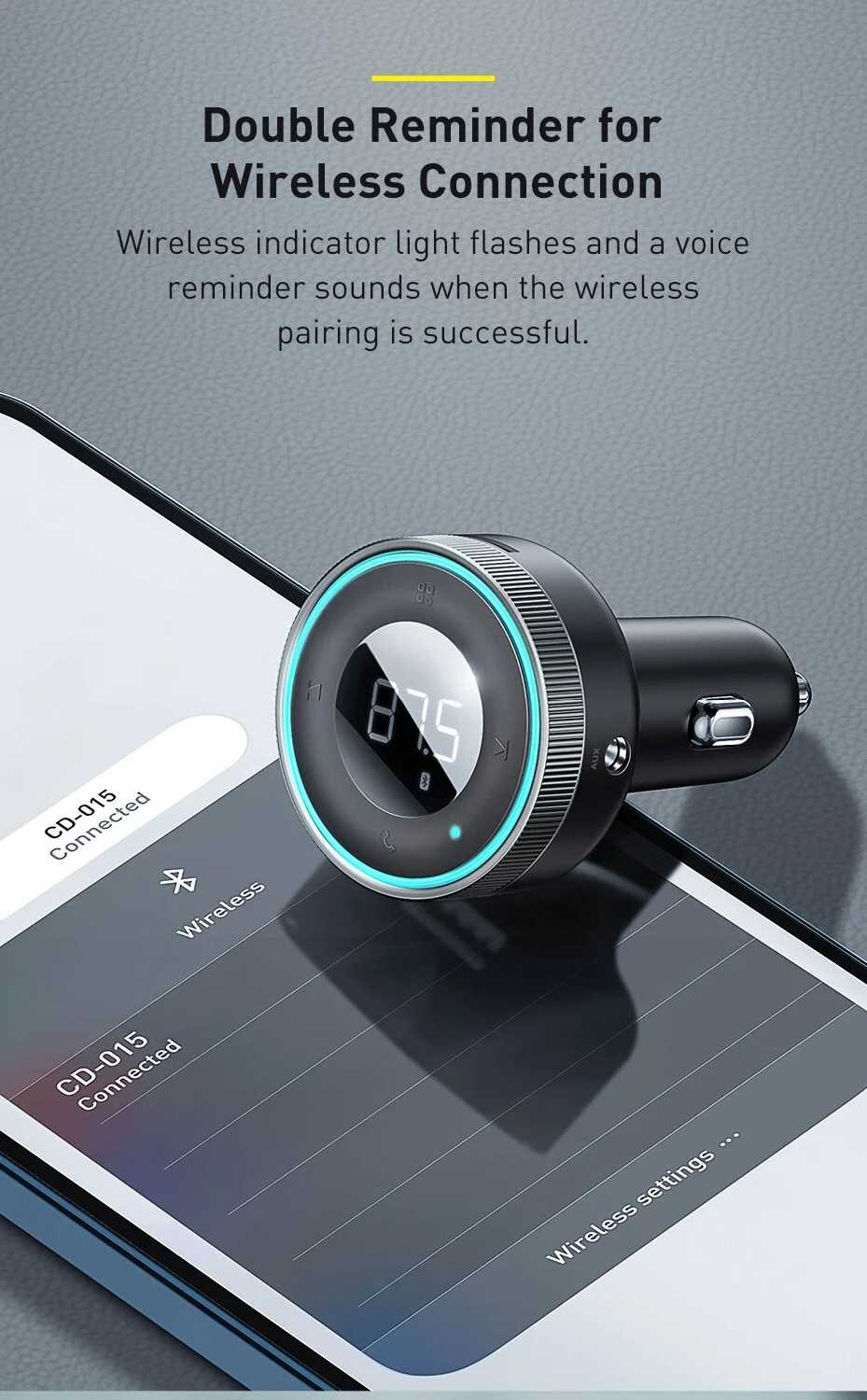 FM-трансмиттер Baseus FM-трансмиттер с поддержкой Bluetooth 5,0 и 2 USB-портами (Black Low Noise) фотография 7
