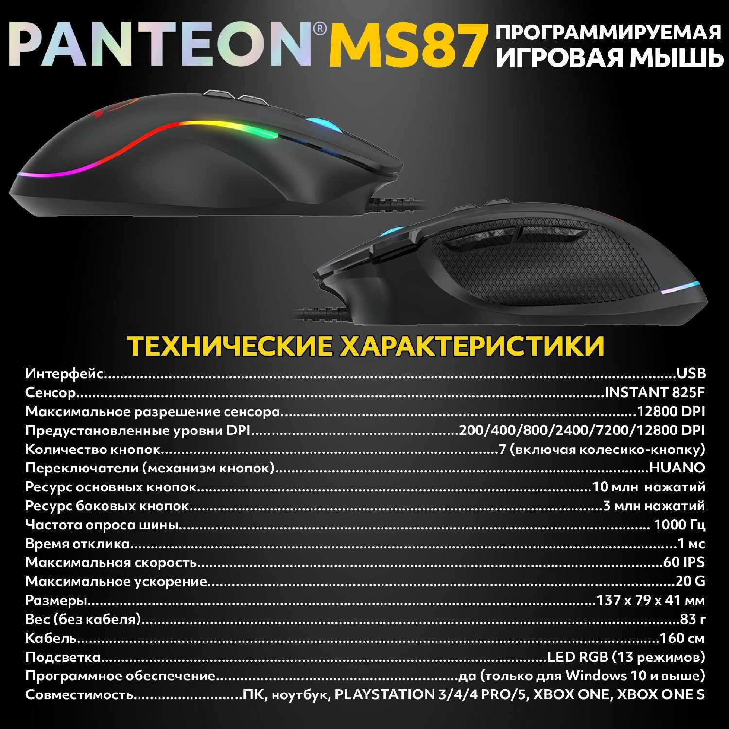 Игровая мышь PANTEON MS87 [7 программируемых кнопок, USB Type-A, RGB-подсветка] фотография 9