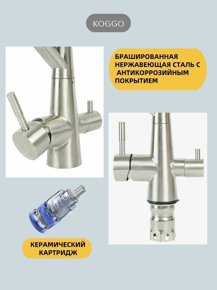 Смеситель для кухонной мойки под фильтр с краном для питьевой воды и гибким изливом KOGGO черный/силикон фотография 13