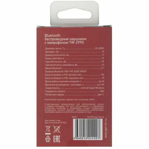 Bluetooth наушники GAL TW-2990 (V5) фотография 13