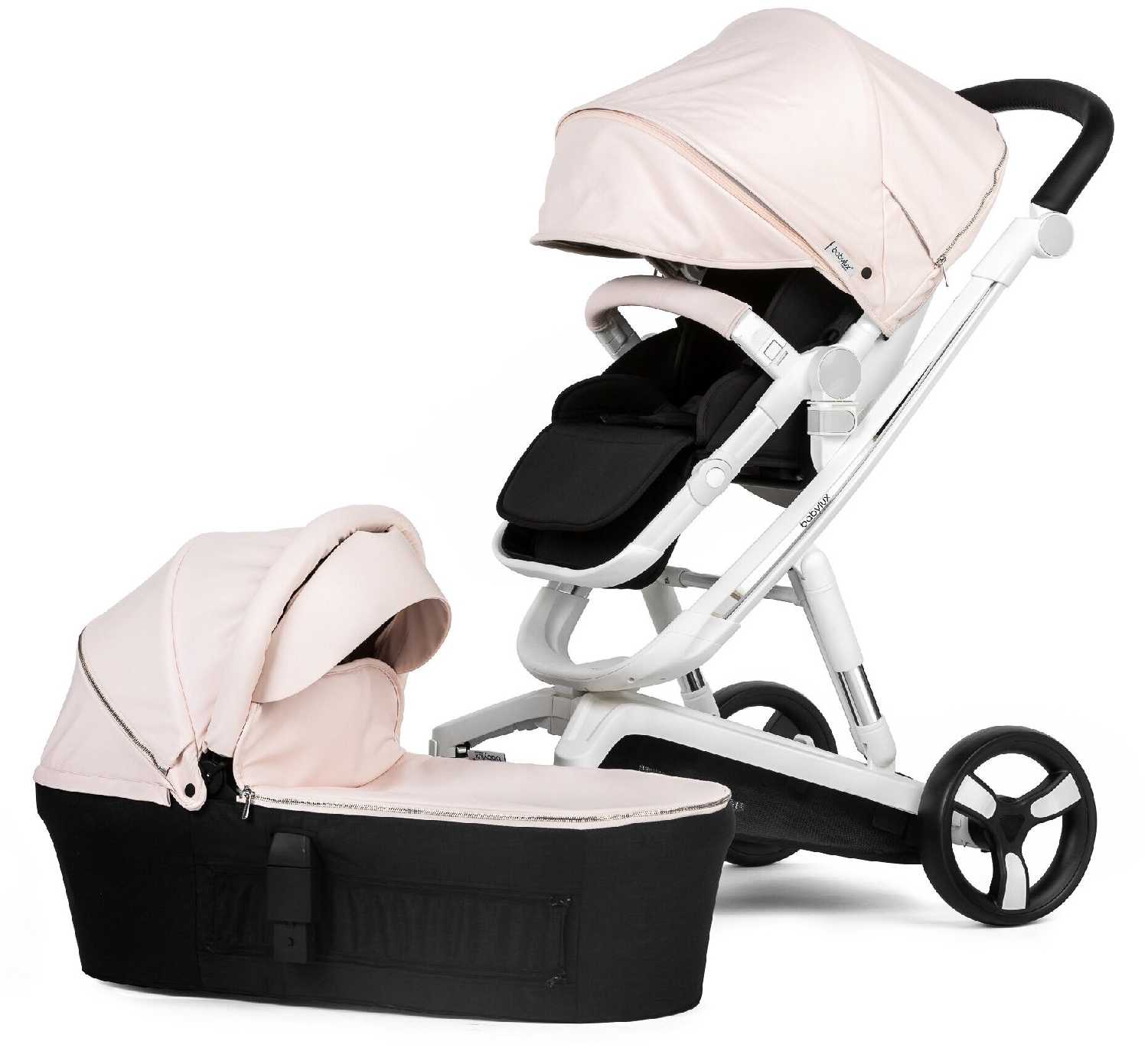 Коляска Babylux Future 2 в 1 White & Pink NEW, черный матрасик
