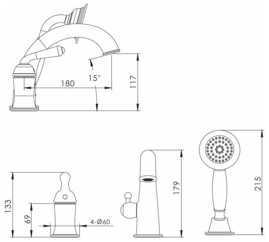 Встроенный смеситель на борт ванны 3 в 1 Rose R0212E фотография 3