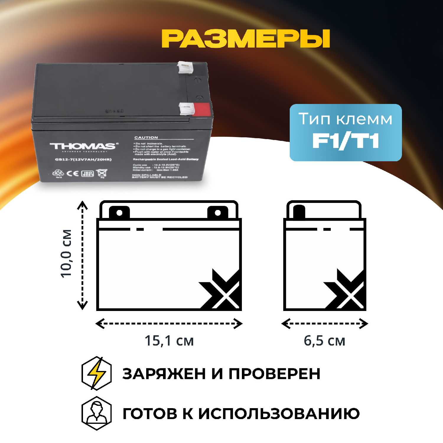 Аккумулятор THOMAS AGM F1/T1 (12V 7Ah) фотография 3