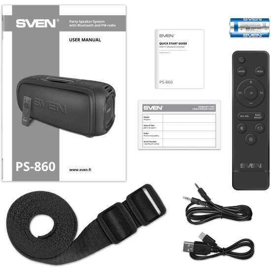 Беспроводная портативная Bluetooth колонка SVEN PS-860 (FM-радио, USB flash, microSD, TWS, пульт ДУ) 100 Вт