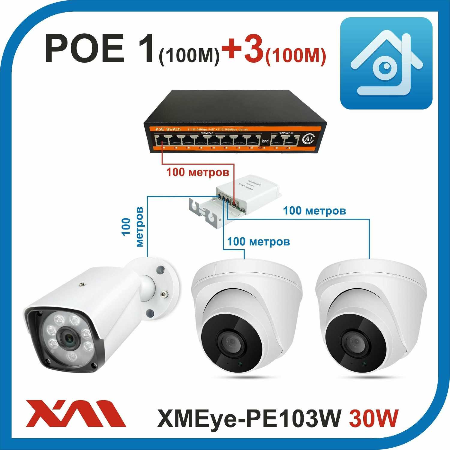 Экстендер XMEye Extender POE на 1+3 порта (XMEye-PE103W) фотография 1
