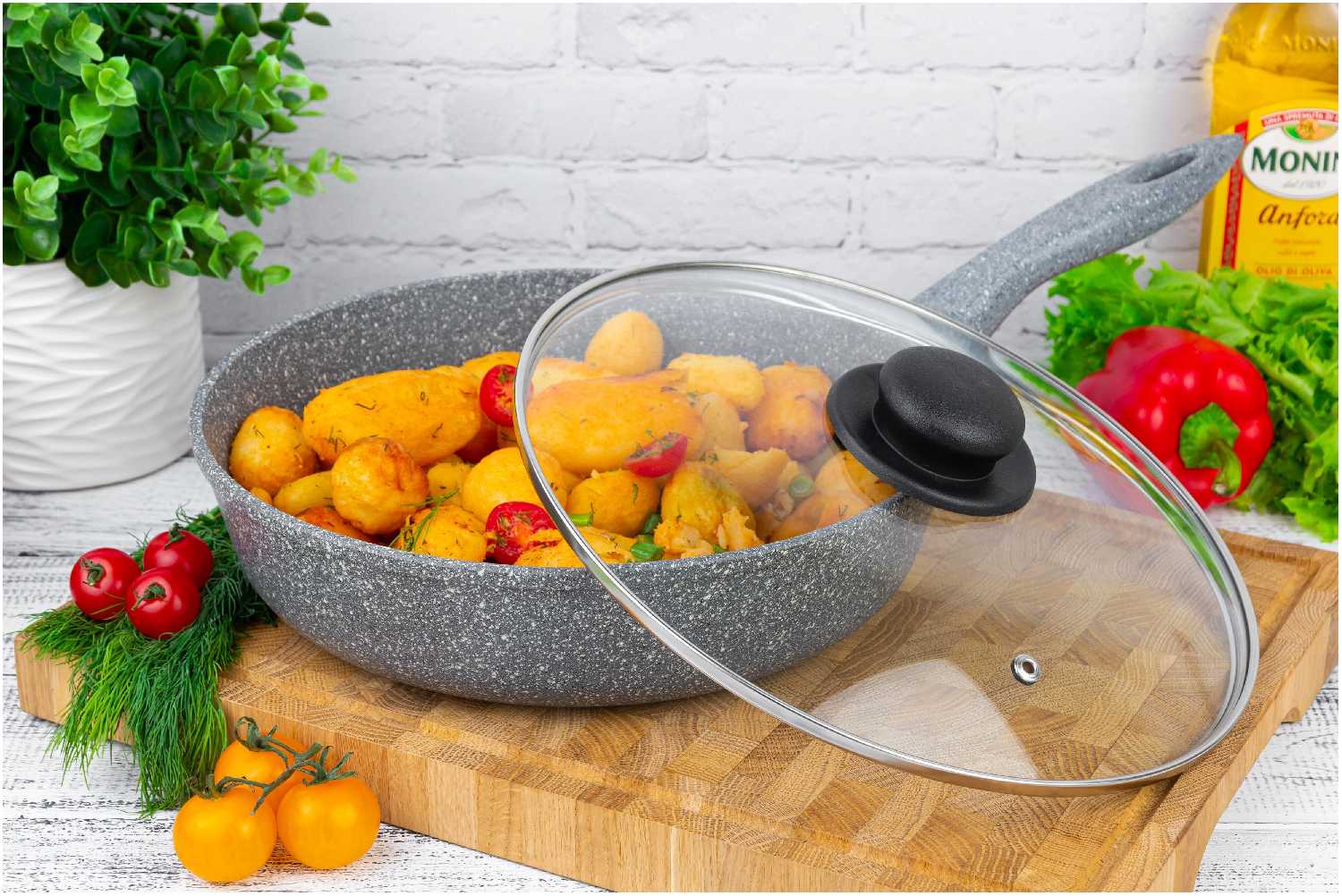 Сковорода глубокая 20 см Elan Gallery гармония вкуса Серый мрамор с крышкой D20, с несъёмной ручкой фотография 8
