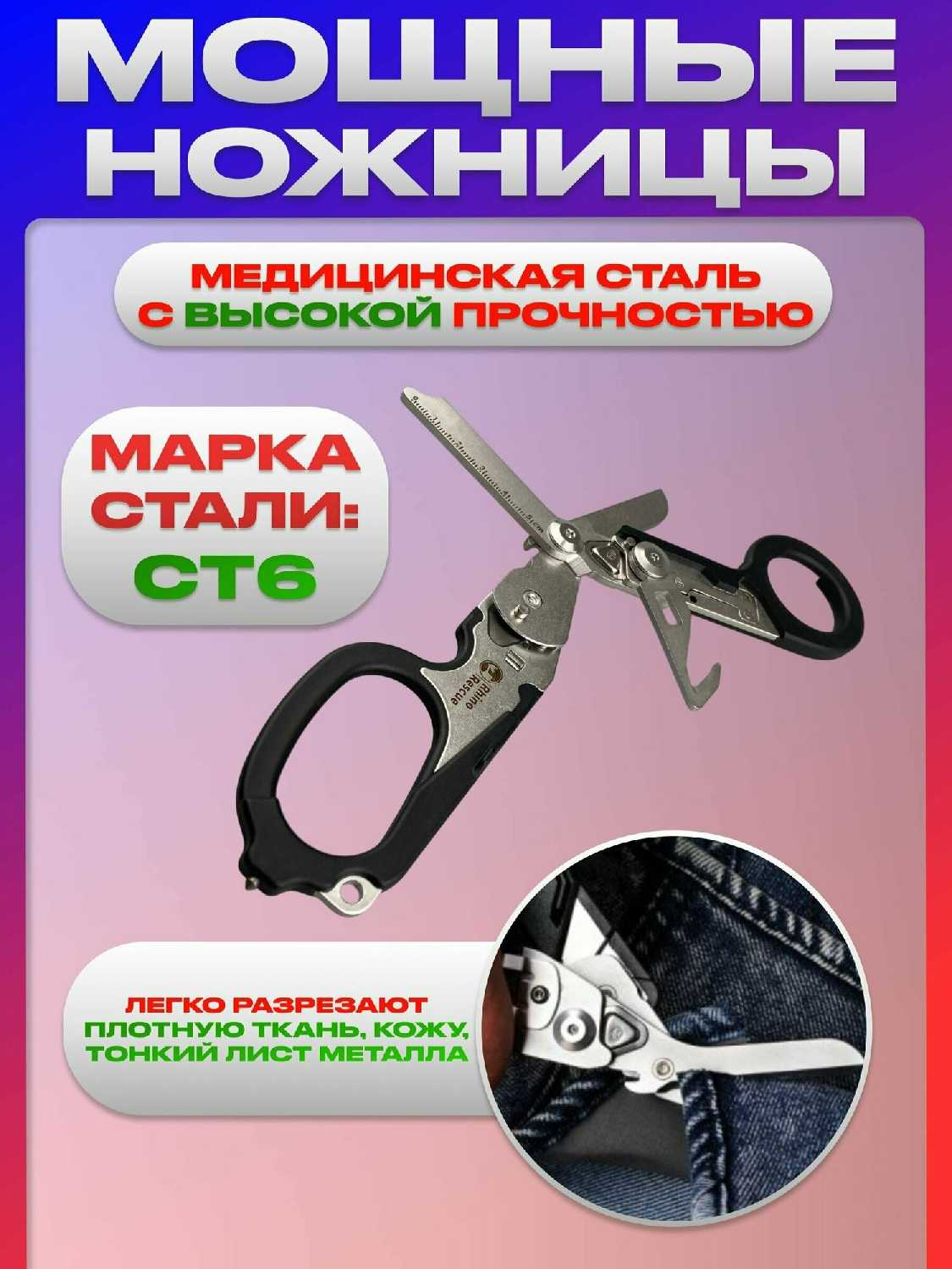 Тактические ножницы Rhino Rescue Тактические туристические ножницы мультитул 6в1 фотография 2