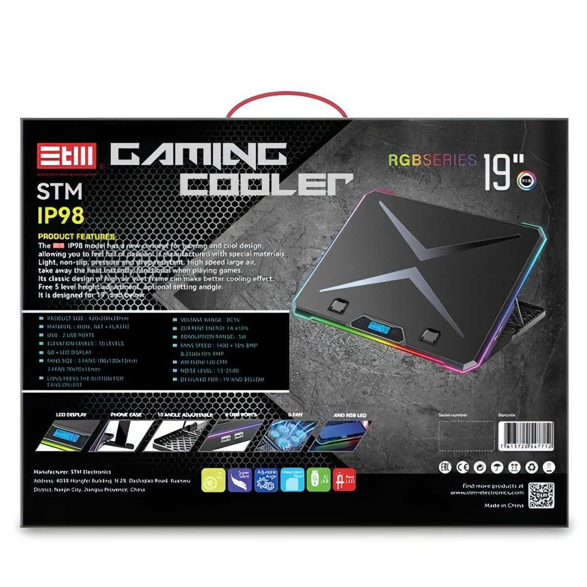 Регулируемая подставка для игровых ноутбуков, 6 вентиляторов, RGB LED подсветка, 10 углов наклона, держатель для смартфона, 2 USB, для экрана 13
