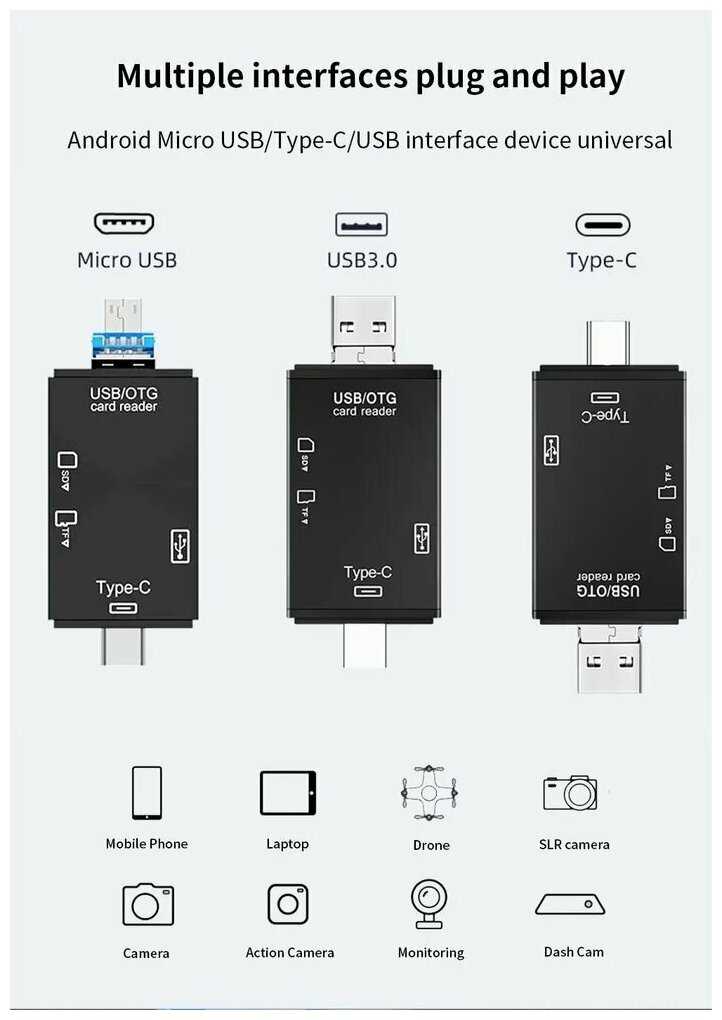 Картридер ридер 6 в 1 (OTG, USB, Micro SD, Type-C, Micro USB) фотография 15