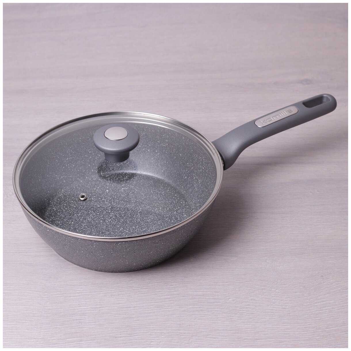 Сотейник 28 см с крышкой Kamille KM-4277GR (Ø28х7.5 см) из кованного алюминия с серым мраморным покрытием фотография 2