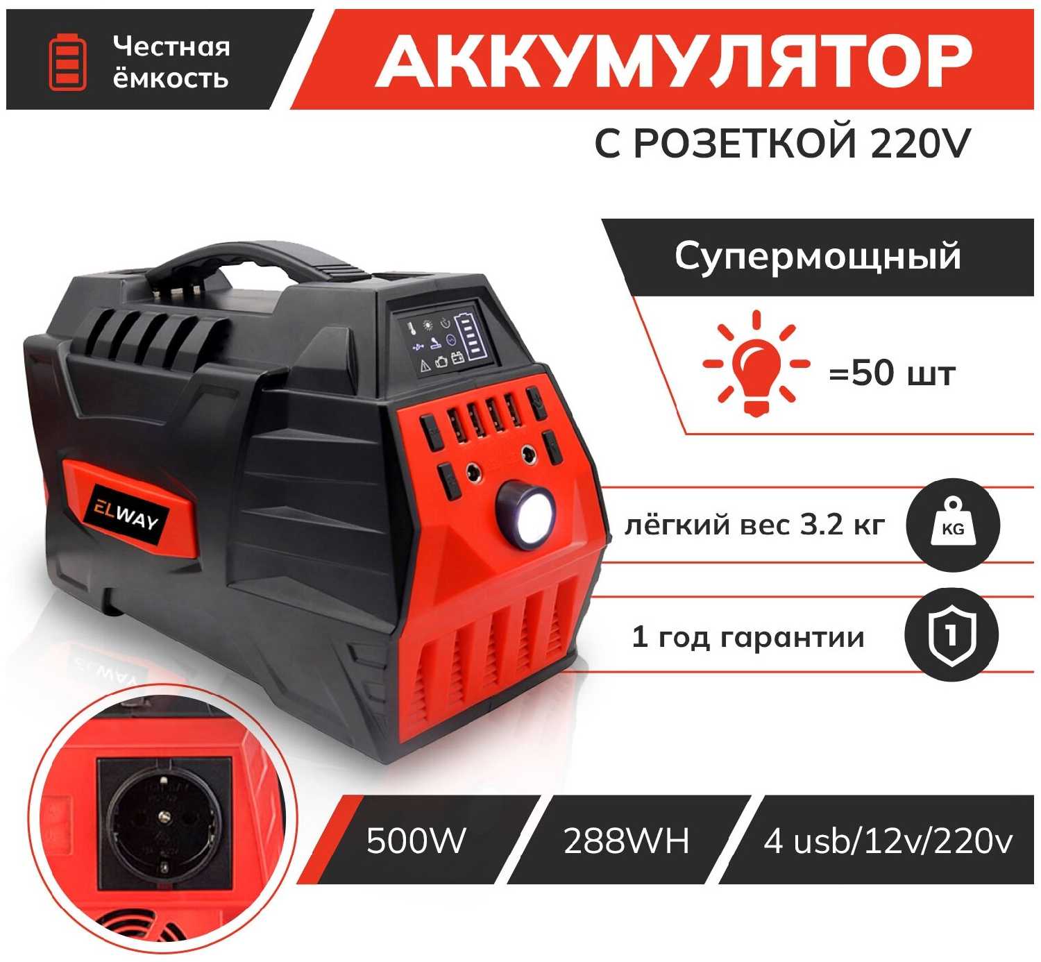 Портативный аккумулятор ELWAY Energy Box E05 110000mAh, с розеткой 220В/500Вт + чехол фотография 6