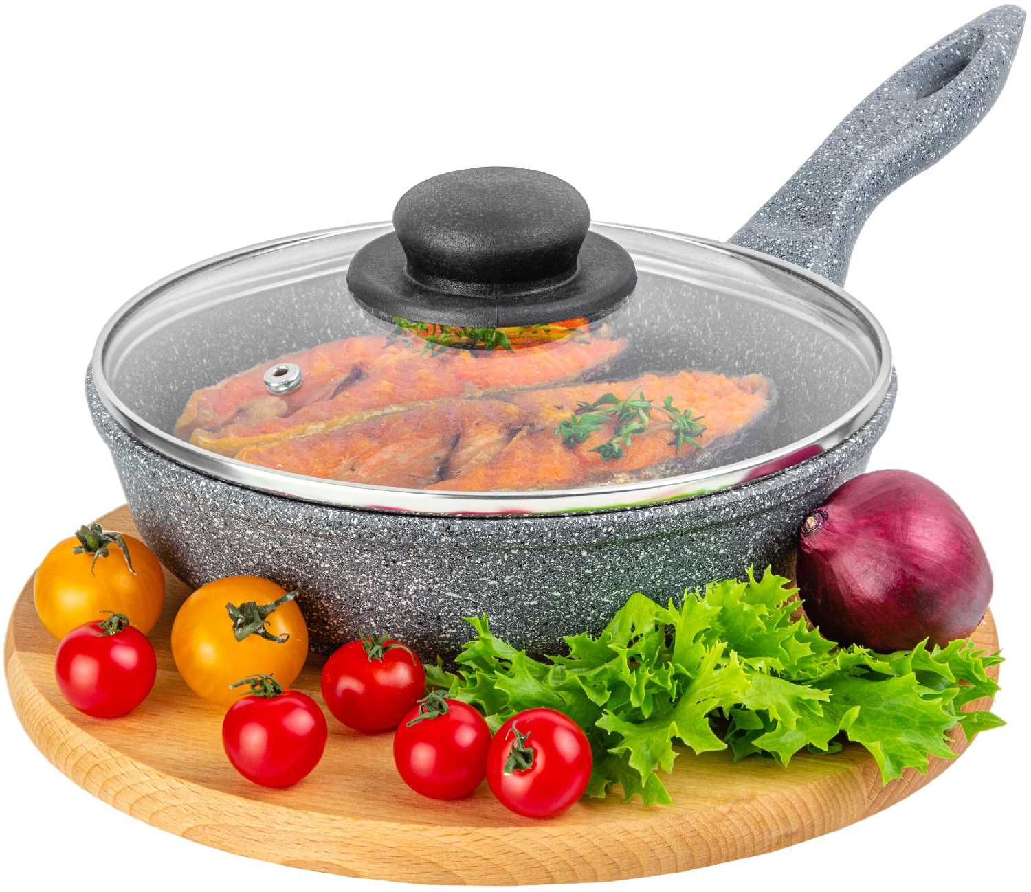 Сковорода глубокая 20 см Elan Gallery гармония вкуса Серый мрамор с крышкой D20, с несъёмной ручкой