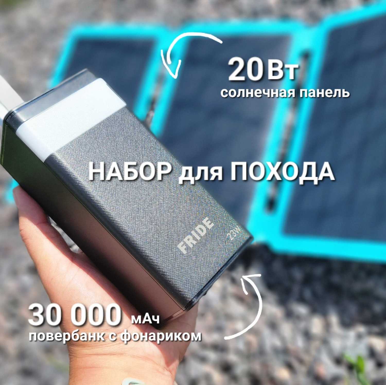 Набор солнечная батарея 20Вт (2xUSB) + power bank 30000 мАч