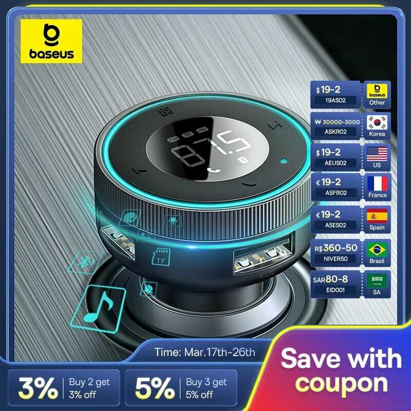 FM-трансмиттер Baseus FM-трансмиттер с поддержкой Bluetooth 5,0 и 2 USB-портами (Black Low Noise) фотография 1