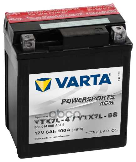 Мото аккумулятор VARTA Powersports AGM, 506 014 005 114x71x131 фотография 5