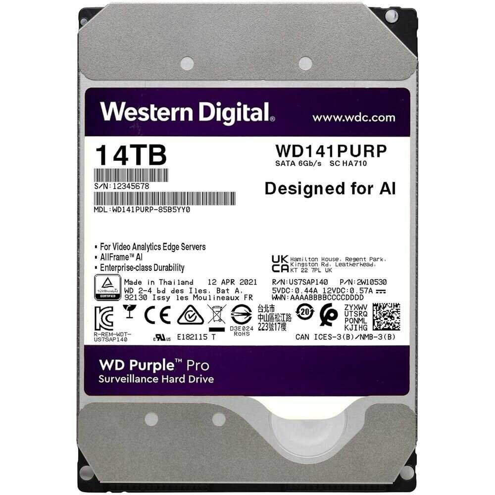 Жесткий диск WD Original SATA-III 14Tb WD141PURP Video Purple Pro (7200rpm) 512Mb 3.5